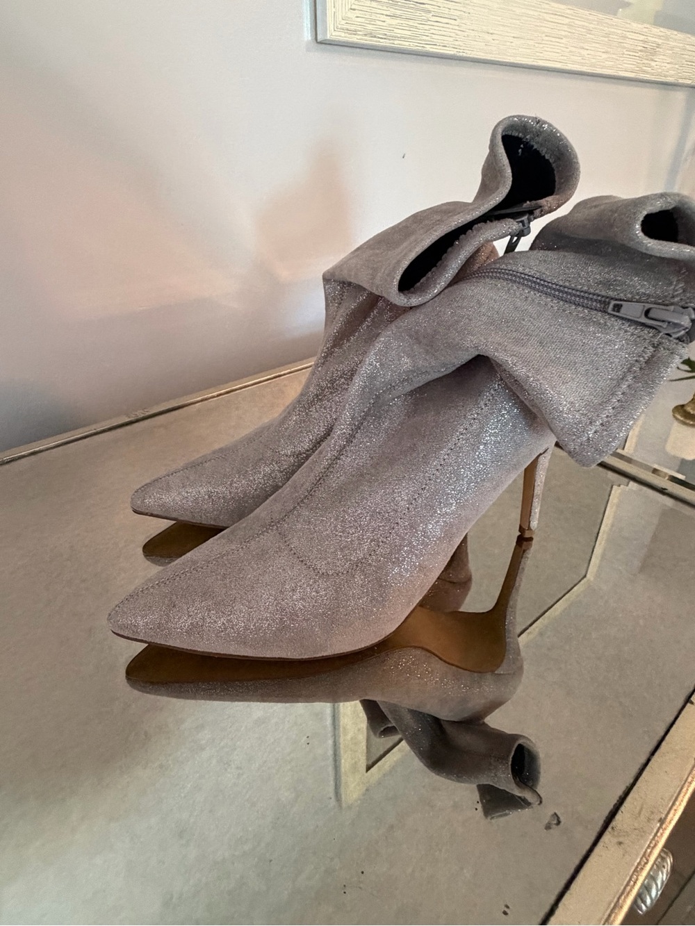 Stiletto Fold-Over Heeled Booties in Sparkling Gray